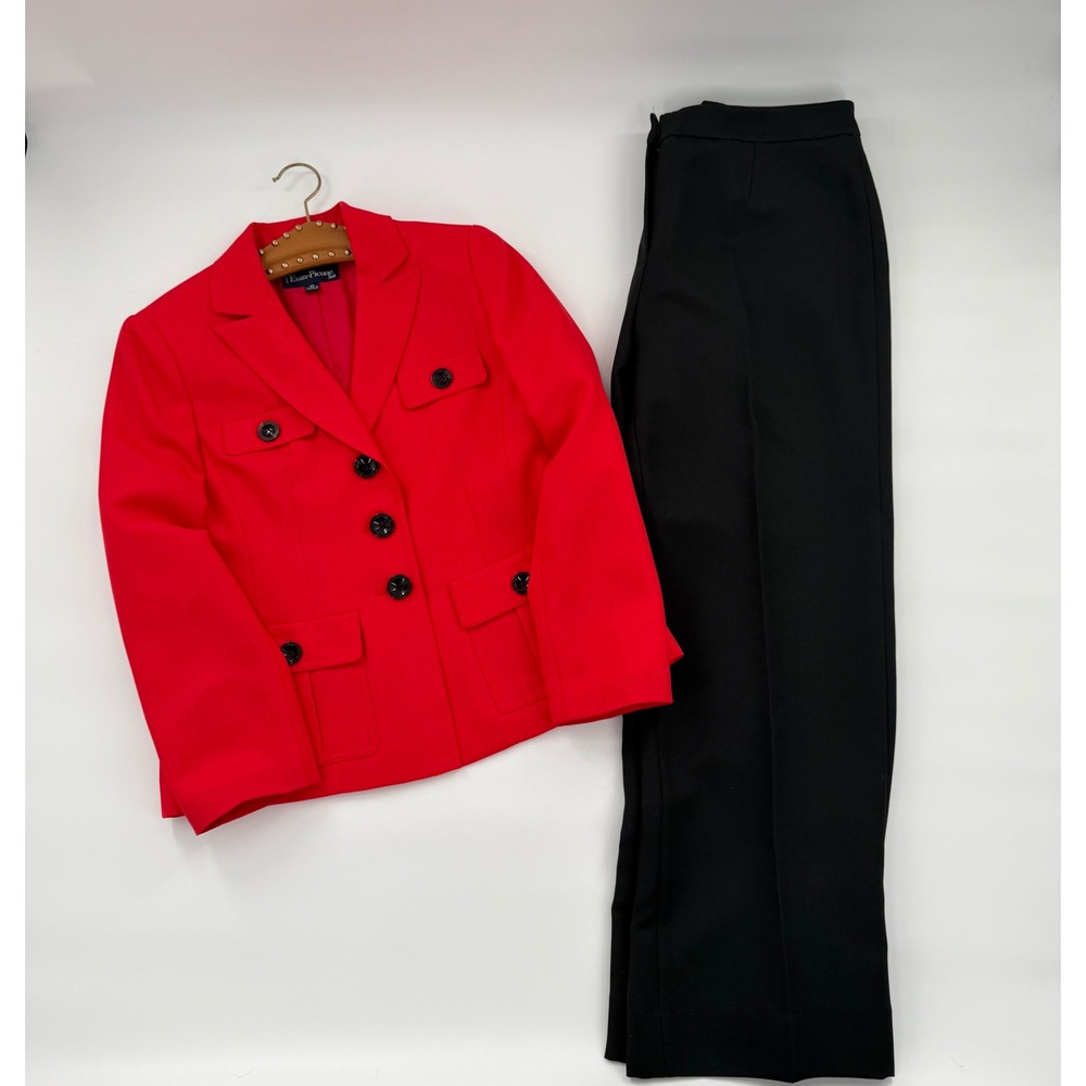 Evan-Picone Petite Red Blazer Black Pants Suit Set Size 8P Professional Office